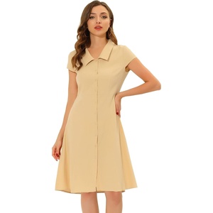 image:imageAllegra K Womens Cap Sleeve Cotton Shirtdress Work Collar Midi Button Down DressKhaki