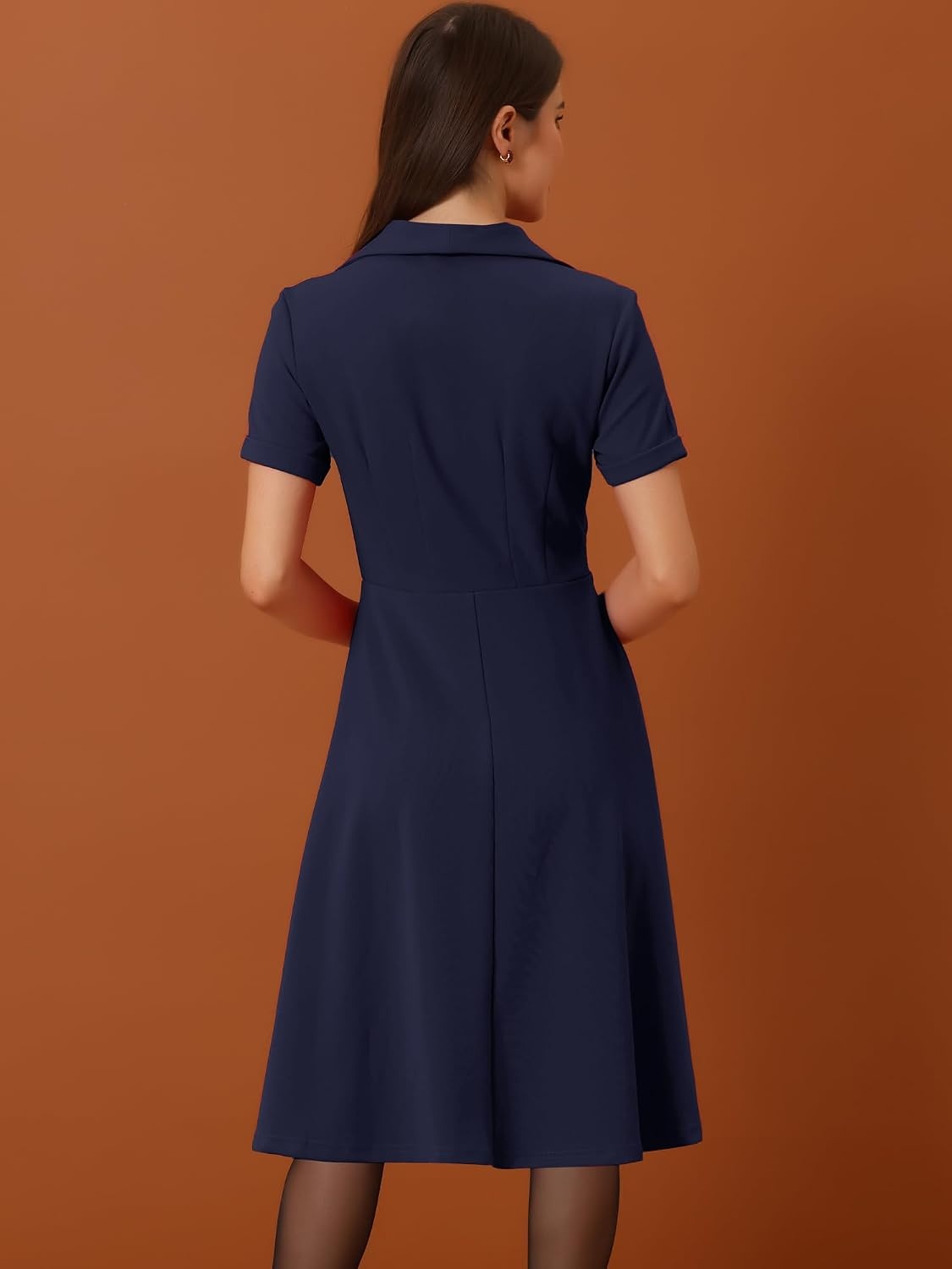 image:imageAllegra K Vintage Work Dresses for Womens 1950s Flat Collar Short Sleeve Fit and Flare DressNavy Blue
