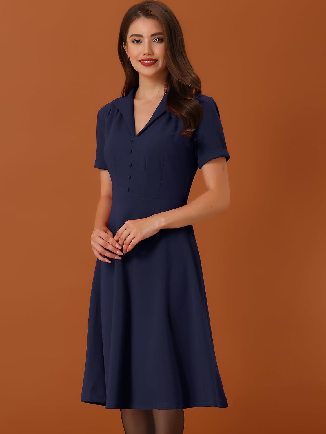 image:imageAllegra K Vintage Work Dresses for Womens 1950s Flat Collar Short Sleeve Fit and Flare DressNavy Blue