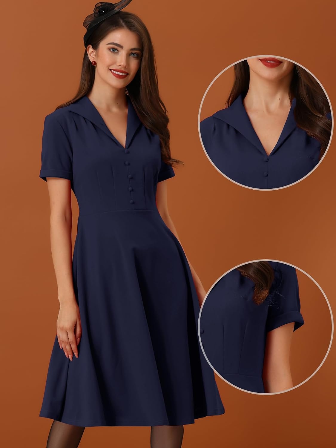 image:imageAllegra K Vintage Work Dresses for Womens 1950s Flat Collar Short Sleeve Fit and Flare DressNavy Blue
