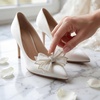 image:imageAllegra K 2 PCS Womens Bow Shoe Clips Rhinestone Satin Shoe Buckle Removable Decorative Clips for Heels FlatsBeigeTulle