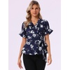 image:imageAllegra K Womens Wrap Peplum Top Blouse 2026 Summer Floral Short Sleeve Ruffle V Neck Belted ShirtsNavy Blue
