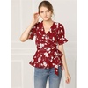 image:imageAllegra K Womens Wrap Peplum Top Blouse 2026 Summer Floral Short Sleeve Ruffle V Neck Belted ShirtsRed