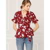image:imageAllegra K Womens Wrap Peplum Top Blouse 2026 Summer Floral Short Sleeve Ruffle V Neck Belted ShirtsRed