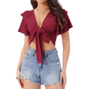 image:imageAllegra K Boho Tie Front Crop Tops for Womens Textured Short Bell Sleeve Sexy Deep V Neck Beach ClothingClaret