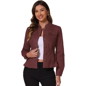 image:imageAllegra K Casual Denim Jacket for Womens Classic Stand Collar Long Sleeve Jean JacketDeep Red