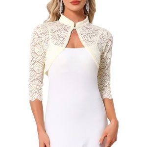 image:imageAllegra K Elegant Lace Bolero Shrug for Women 34 Sleeve Stand Collar Sheer Floral Lace Cardigan TopApricot