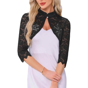 image:imageAllegra K Elegant Lace Bolero Shrug for Women 34 Sleeve Stand Collar Sheer Floral Lace Cardigan TopBlack