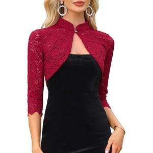 image:imageAllegra K Elegant Lace Bolero Shrug for Women 34 Sleeve Stand Collar Sheer Floral Lace Cardigan TopDark Red