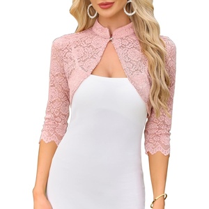 image:imageAllegra K Elegant Lace Bolero Shrug for Women 34 Sleeve Stand Collar Sheer Floral Lace Cardigan TopPink