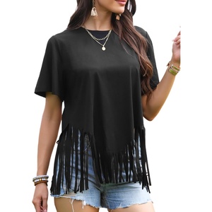 image:imageAllegra K Fringe Tops for Womens Short Sleeve Crew Neck Solid Casual Tassel t ShirtsBlack