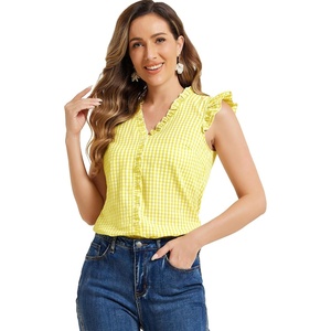 image:imageAllegra K Gingham Top for Womens Ruffle Shirt Vintage Cap Sleeve Checkered BlouseYellow