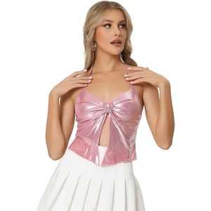 image:imageAllegra K Metallic Backless Cami for Womens Asymmetrical Spaghetti Straps Halter Sparkle Tank TopPink