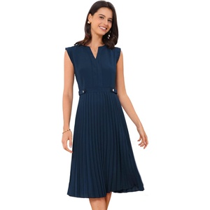 image:imageAllegra K Summer Dress for Women 2026 Elegant Sleeveless V Neck ALine Pleated Flowy Midi DressDeep Blue