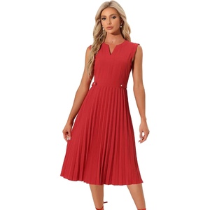 image:imageAllegra K Summer Dress for Women 2026 Elegant Sleeveless V Neck ALine Pleated Flowy Midi DressRed