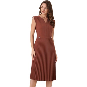 image:imageAllegra K Summer Dress for Women 2026 Elegant Sleeveless V Neck ALine Pleated Flowy Midi DressRust Red
