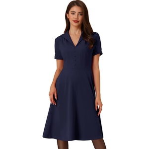 image:imageAllegra K Vintage Work Dresses for Womens 1950s Flat Collar Short Sleeve Fit and Flare DressNavy Blue