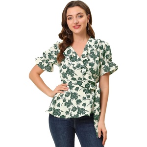 image:imageAllegra K Womens Wrap Peplum Top Blouse 2026 Summer Floral Short Sleeve Ruffle V Neck Belted ShirtsBeigegreen