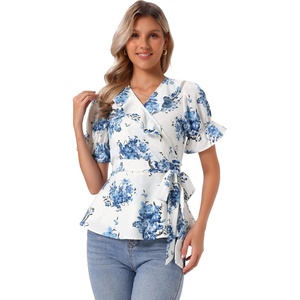 image:imageAllegra K Womens Wrap Peplum Top Blouse 2026 Summer Floral Short Sleeve Ruffle V Neck Belted ShirtsBlue Floal