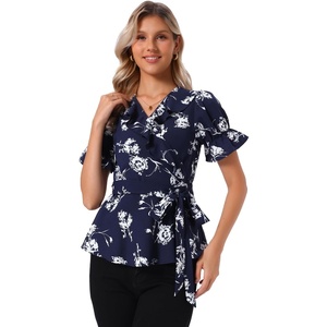 image:imageAllegra K Womens Wrap Peplum Top Blouse 2026 Summer Floral Short Sleeve Ruffle V Neck Belted ShirtsNavy Blue