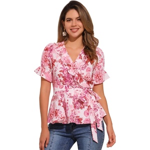 image:imageAllegra K Womens Wrap Peplum Top Blouse 2026 Summer Floral Short Sleeve Ruffle V Neck Belted ShirtsPink Floral