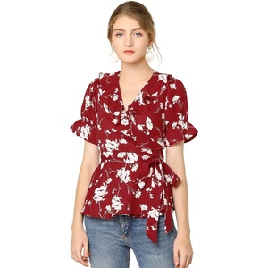 image:imageAllegra K Womens Wrap Peplum Top Blouse 2026 Summer Floral Short Sleeve Ruffle V Neck Belted ShirtsRed