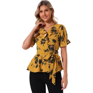 image:imageAllegra K Womens Wrap Peplum Top Blouse 2026 Summer Floral Short Sleeve Ruffle V Neck Belted ShirtsTurmeric