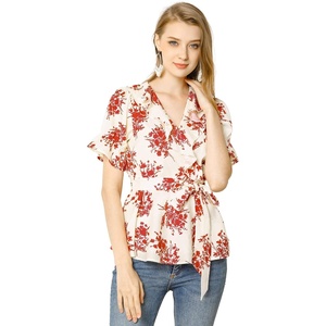 image:imageAllegra K Womens Wrap Peplum Top Blouse 2026 Summer Floral Short Sleeve Ruffle V Neck Belted ShirtsWhite