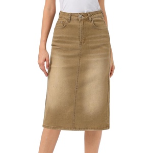 image:imageAllegra K Casual Denim Skirt for Womens High Waist Split Back Pockets Midi Jean SkirtsCamel