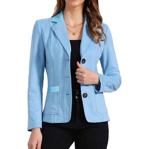 image:imageAllegra K Faux Suede Blazer for Women Lapel Collar Button Front Long Sleeve Jacket Casual Office WearBlue