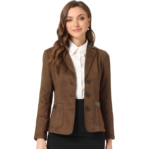 image:imageAllegra K Faux Suede Blazer for Women Lapel Collar Button Front Long Sleeve Jacket Casual Office WearBrown