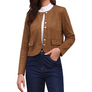 image:imageAllegra K Faux Suede Jacket for Women Collarless Long Sleeve Trendy Outerwear Button Down Vintage Casual Cropped JacketsBrown
