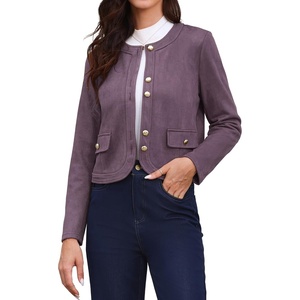 image:imageAllegra K Faux Suede Jacket for Women Collarless Long Sleeve Trendy Outerwear Button Down Vintage Casual Cropped JacketsPurple