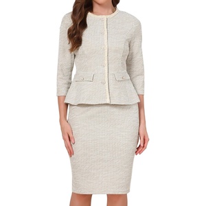 image:imageAllegra K Womens 2 Piece Skirt Sets 34 Sleeve Collarless Tweed Jacket Pencil Skirt Set Elegant Business Casual OutfitApricot