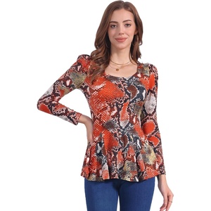 image:imageAllegra K Womens Animal Print Long Sleeve Ruffle Hem Scoop Neck Casual Peplum TopMulticolorsnake