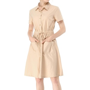 image:imageAllegra K Womens Button Down Shirt Dress Short Sleeve Casual Collared Cotton Drawstring Shirtdress Safari DressBeige