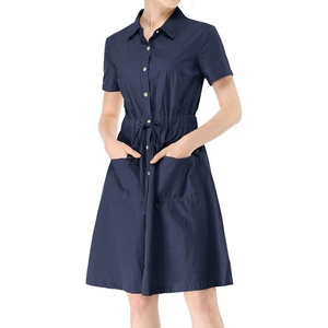 image:imageAllegra K Womens Button Down Shirt Dress Short Sleeve Casual Collared Cotton Drawstring Shirtdress Safari DressBlue