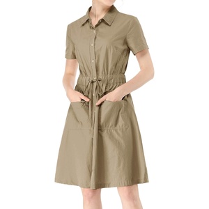 image:imageAllegra K Womens Button Down Shirt Dress Short Sleeve Casual Collared Cotton Drawstring Shirtdress Safari DressDark Khaki