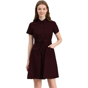 image:imageAllegra K Womens Button Down Shirt Dress Short Sleeve Casual Collared Cotton Drawstring Shirtdress Safari DressFuchsia