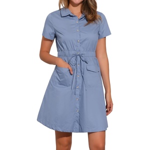 image:imageAllegra K Womens Button Down Shirt Dress Short Sleeve Casual Collared Cotton Drawstring Shirtdress Safari DressGray Blues
