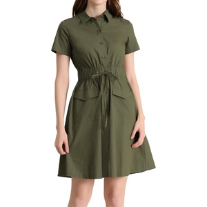 image:imageAllegra K Womens Button Down Shirt Dress Short Sleeve Casual Collared Cotton Drawstring Shirtdress Safari DressGray Green