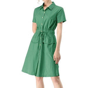image:imageAllegra K Womens Button Down Shirt Dress Short Sleeve Casual Collared Cotton Drawstring Shirtdress Safari DressGreen