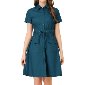 image:imageAllegra K Womens Button Down Shirt Dress Short Sleeve Casual Collared Cotton Drawstring Shirtdress Safari DressNavy Blue Teal