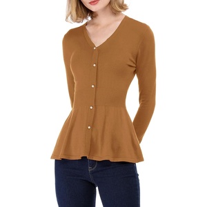 image:imageAllegra K Womens Peplum Sweater Ribbed V Neck Long Sleeve Knit Peplum TopsBrown