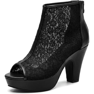 image:imageAllegra K Womens Platform Lace Peep Toe Ankle Boots Back Zip Chunky Heel BootsBlack