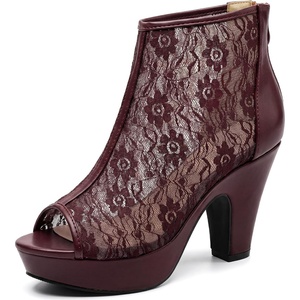 image:imageAllegra K Womens Platform Lace Peep Toe Ankle Boots Back Zip Chunky Heel BootsBurgundy