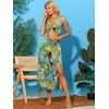 image:imageAllegra K Womens 2023 Summer 2 Piece Tropical Tie Backless Halter V Neck Crop Top with Split Thigh Skirt Set