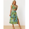 image:imageAllegra K Womens 2023 Summer 2 Piece Tropical Tie Backless Halter V Neck Crop Top with Split Thigh Skirt Set