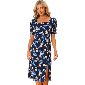 image:imageAllegra K Floral Dress for Womens Square Neck Ruched Puff Sleeve Split Midi Dresses
