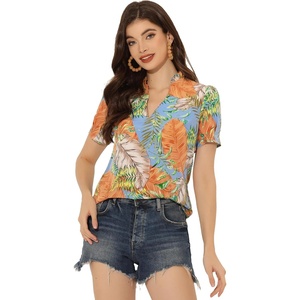 image:imageAllegra K Tropical Summer Tops for Womens Short Sleeve V Neck T Shirts Printed Blouse